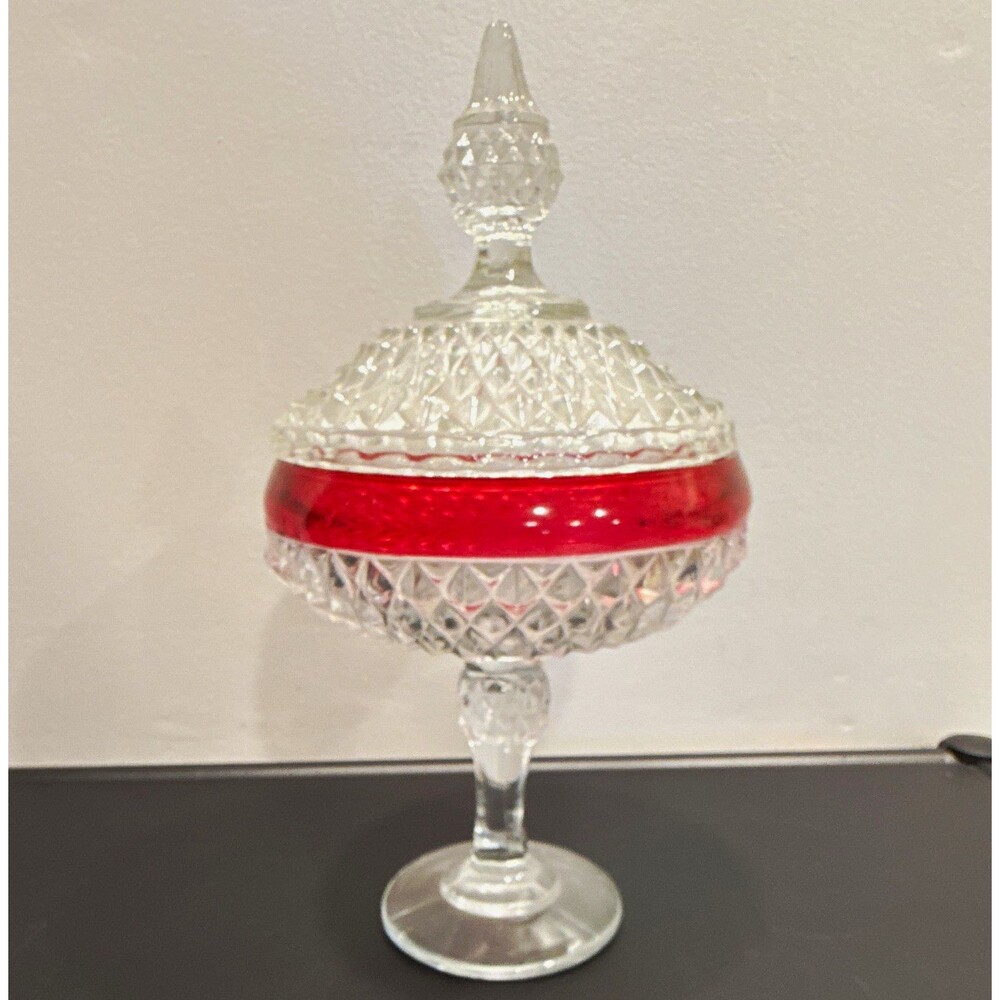 Indiana Glass Diamond Point Clear/Red Lidded Pedestal Compote Bowl & Lid